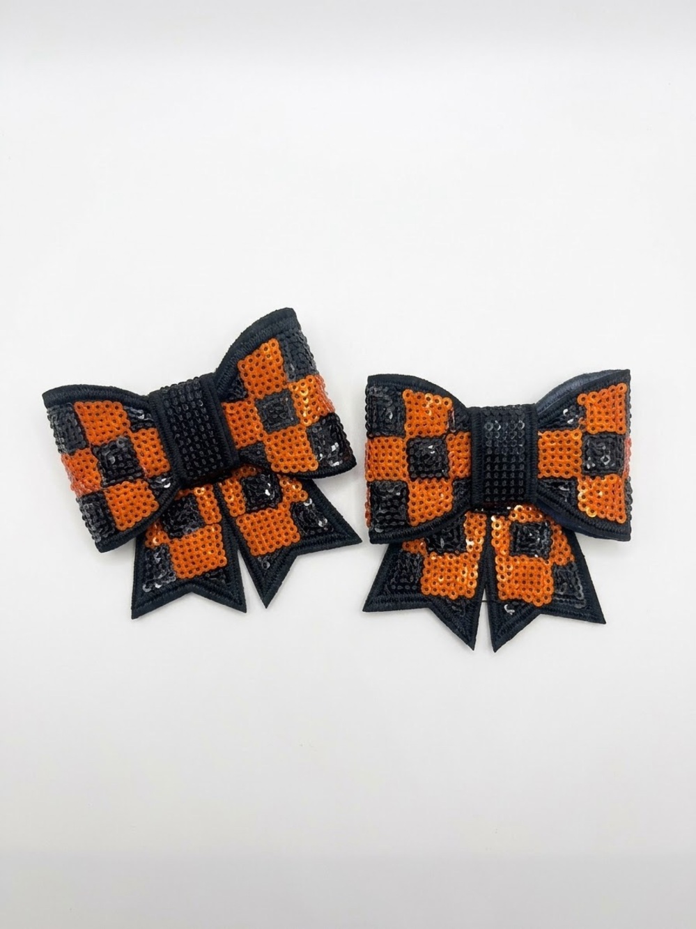 2 Pack Orange and Black Checkered Sequin Bow Patches - 3" x 3"